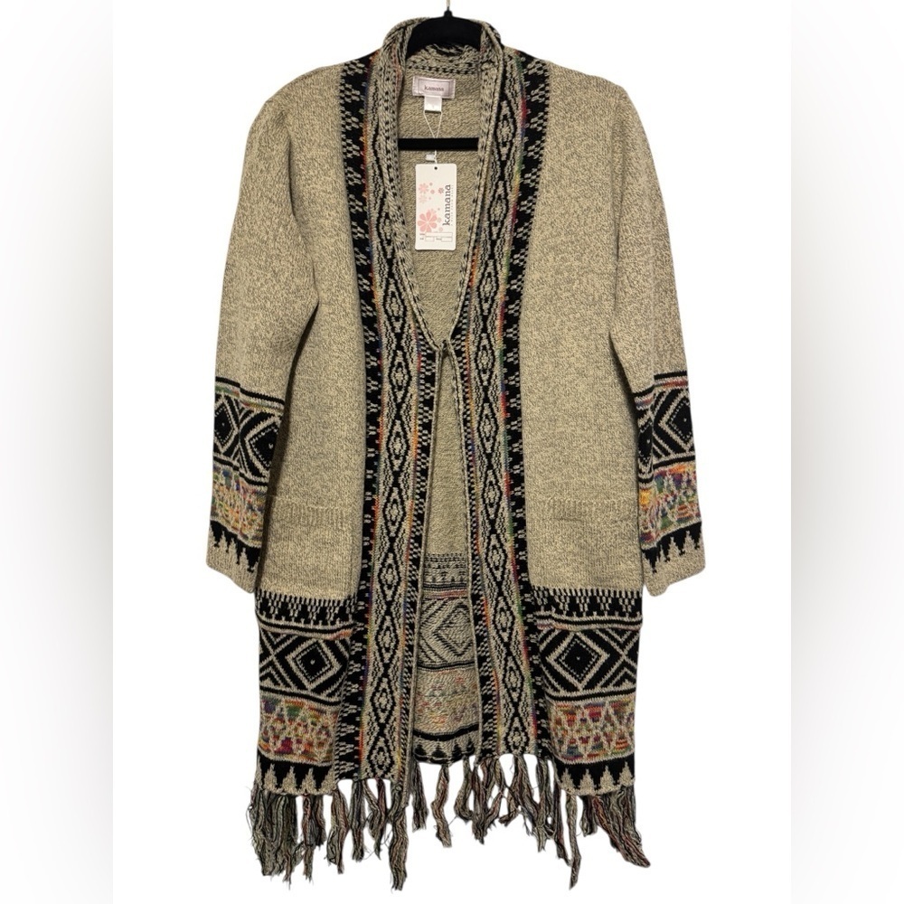 Kamana Boho Aztec Southwestern Open Front Fringe Cardigan Oversized Small
